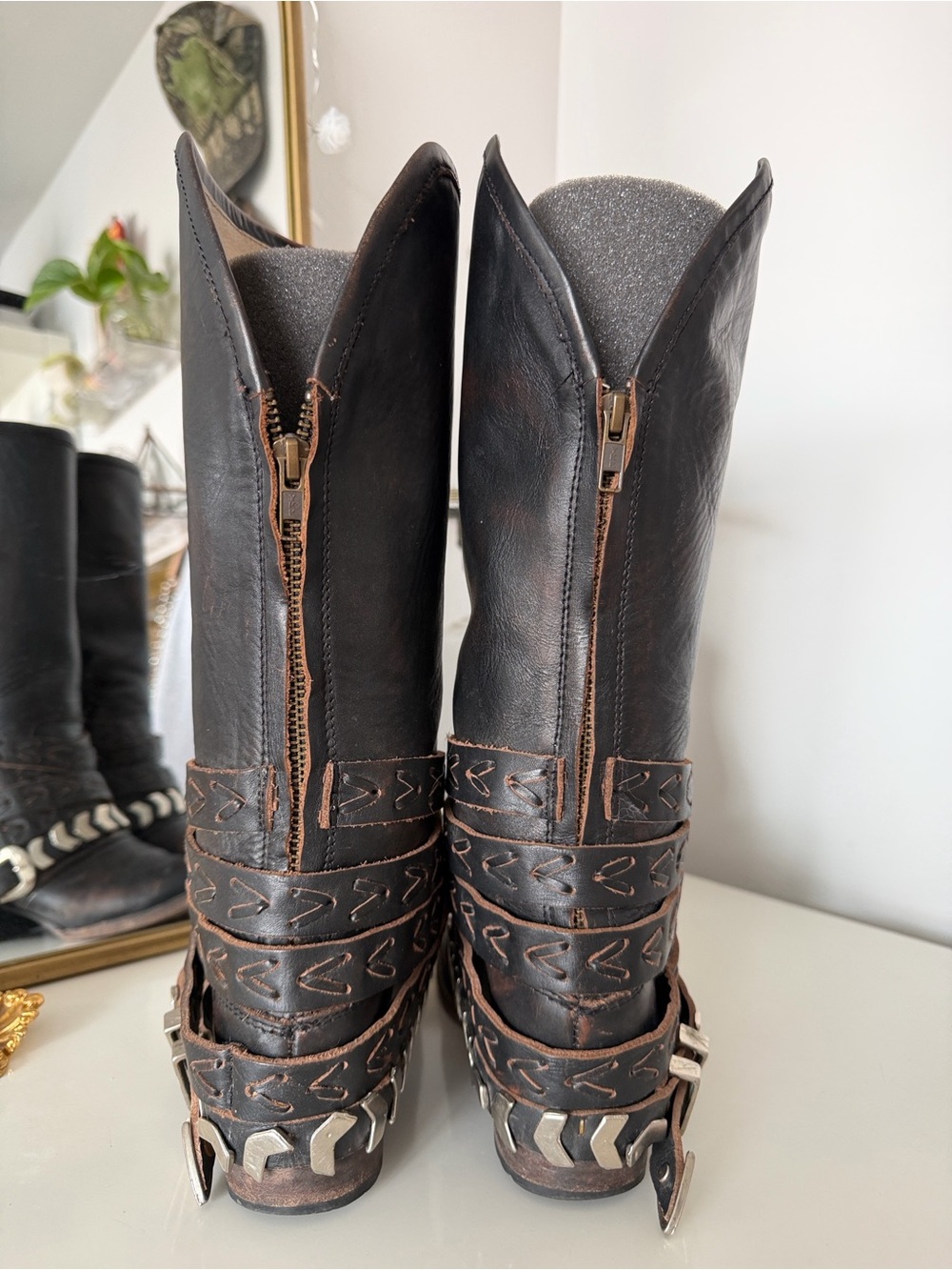 freebird Distressed Dark Brown Leather Mid-Calf Boots with Studded Wrap Straps - Picture 5 of 6